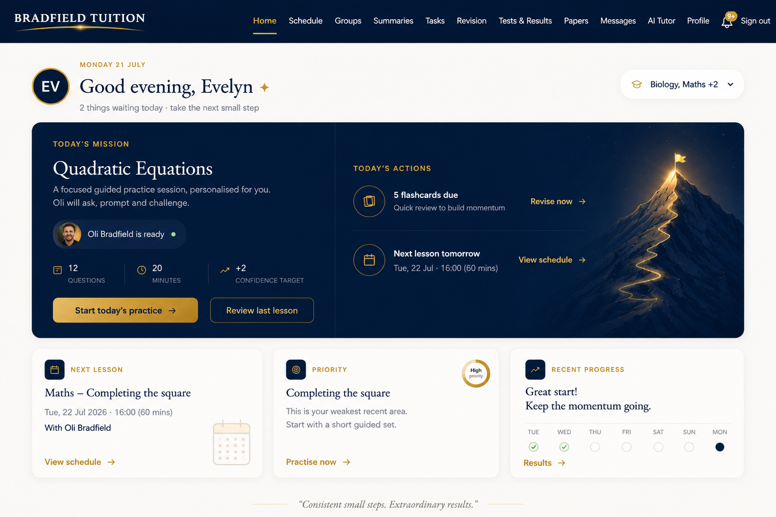Bradfield Tuition App dashboard